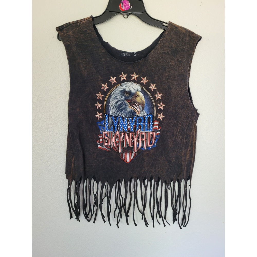 Lynyrd Skynyrd Graphic Fringe Muscle Tank Top Brown Acid Wash Small Band Tee #22